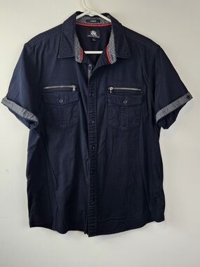 Rock & Republic Black Short Sleeve Button-Down with Red Collar Gray Trim Size XL
